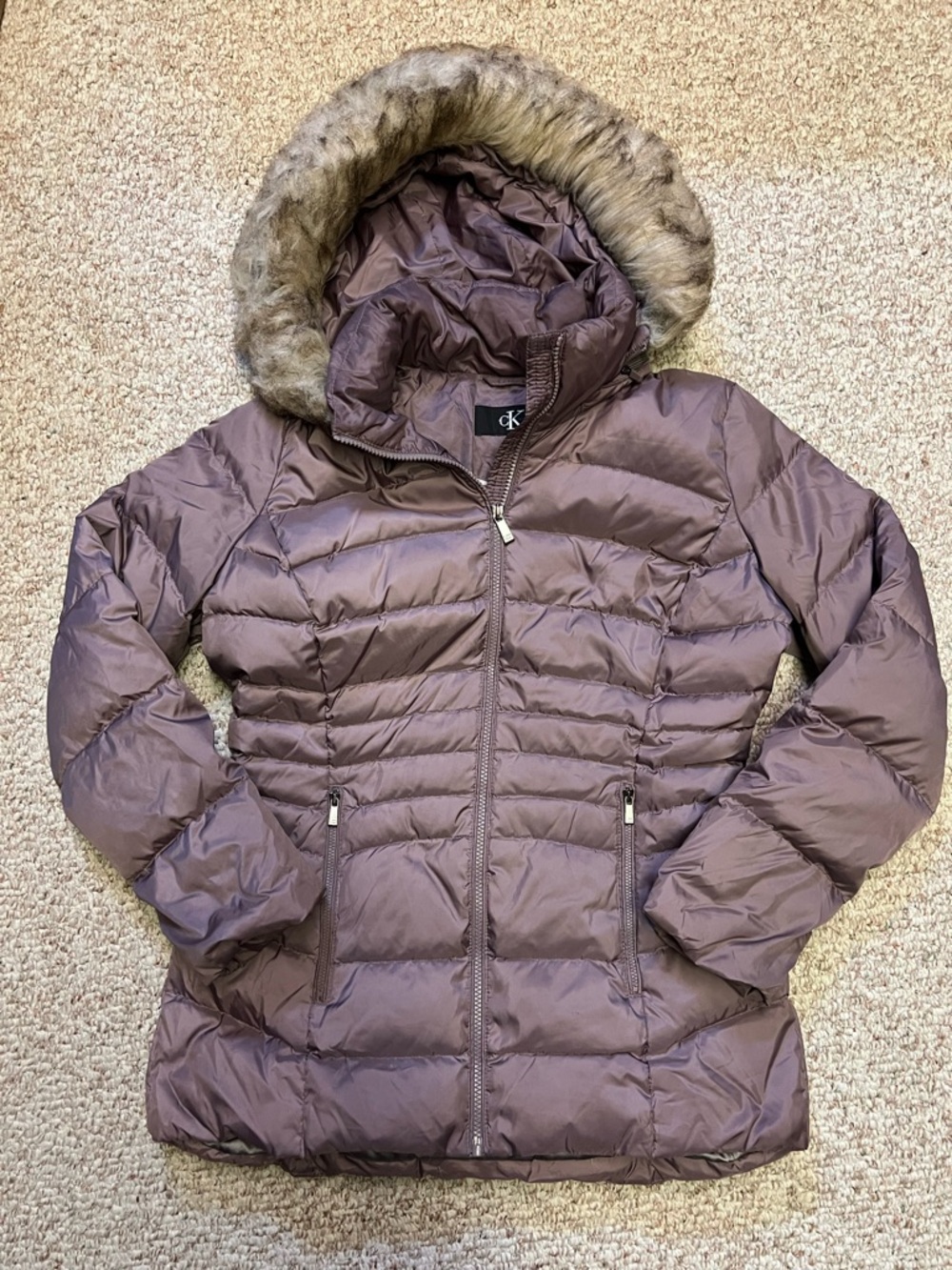 Calvin Klein Mauve Quilted Hooded Puffer Jacket with Faux Fur Trim